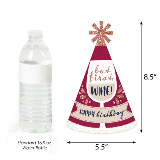 Big Dot of Happiness But First, Wine - Cone Happy Birthday Party Hats for Kids and Adults - Set of 8 (Standard Size) {4}