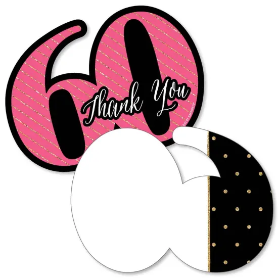 Big Dot of Happiness Chic 60th Birthday - Pink, Black & Gold - Shaped Thank You Cards - Birthday Party Thank You Note Cards with Envelopes - Set of 12 {1}