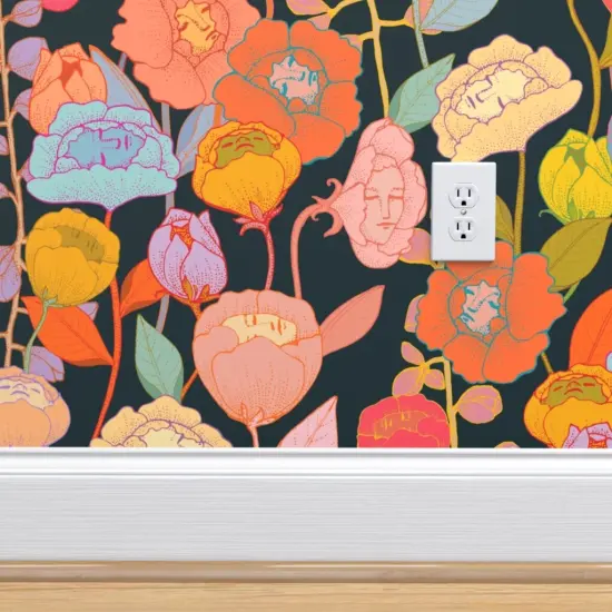 Peel & Stick Wallpaper 2FT Wide Surreal Floral Flower Faces Spooky Fantasy Tropica Hawaiian Wonderland Exotic Magical Custom Removable Wallpaper by Spoonflower {4}