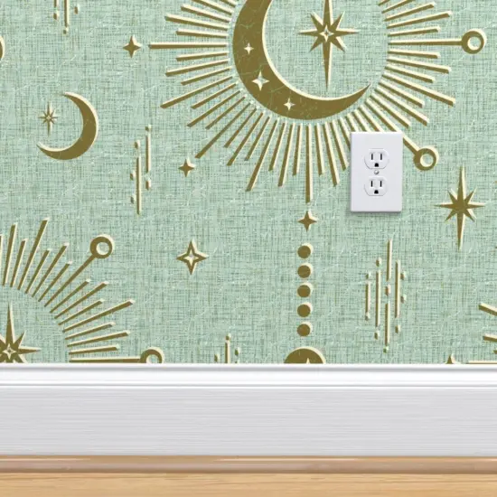 Peel & Stick Wallpaper 2FT Wide Sun And Moon Stars Retro Fifties Starburst Solar Good Luck Talisman Moroccan Lunar Hamsa Fortune Telling Custom Removable Wallpaper by Spoonflower {4}