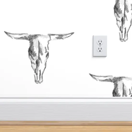 Peel & Stick Wallpaper 2FT Wide Cow Skull Bull Black And White Western Cowboy Rustic Custom Removable Wallpaper by Spoonflower {4}