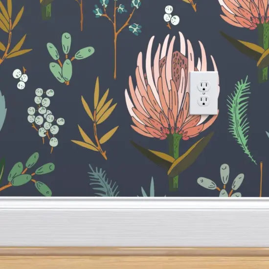 Pre-Pasted Wallpaper 2FT Wide Natural Botanical Blush Pink Floral Study Dark Blue Flower Nature Leaf Custom Pre-pasted Wallpaper by Spoonflower {5}