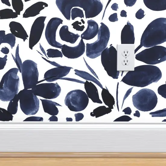 Pre-Pasted Wallpaper 2FT Wide Navy Blue White Floral Dark Indigo Watercolor Romantic Flowers Custom Pre-pasted Wallpaper by Spoonflower {4}