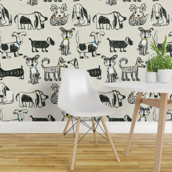 Pre-Pasted Wallpaper 2FT Wide Dogs Pet Animal Gender Neutral Puppies Sketch Hand Drawn Custom Pre-pasted Wallpaper by Spoonflower {1}