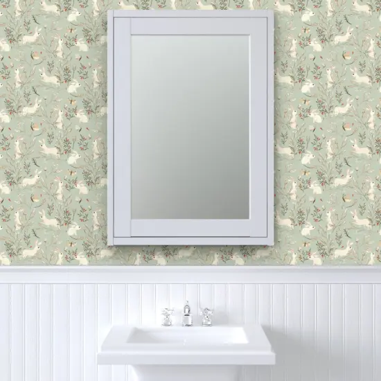 Pre-Pasted Wallpaper 2FT Wide Whimsical Bunnies Easter Bunny Woodland Animals Forest Butterflies Sage Green Custom Pre-pasted Wallpaper by Spoonflower {6}