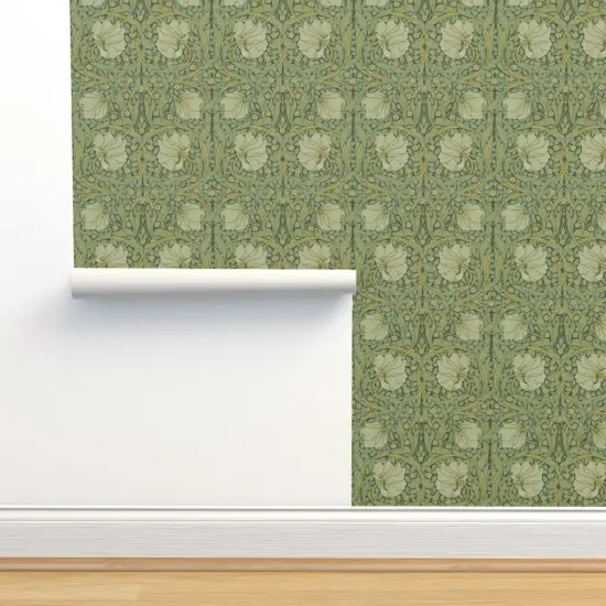 Pre-Pasted Wallpaper 2FT Wide Green Vines Flower Damask Victorian Floral Sage William Morris Custom Pre-pasted Wallpaper by Spoonflower {2}