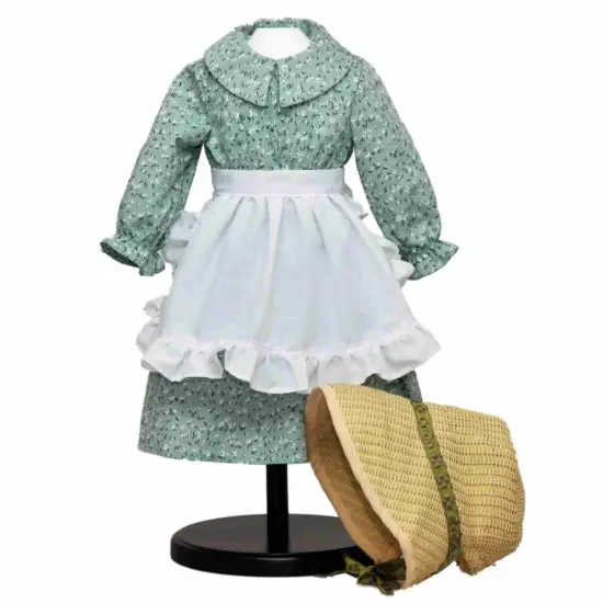 The Queen's Treasures 18 Inch Green Calico Prairie Dress, Apron, and Bonnet {6}