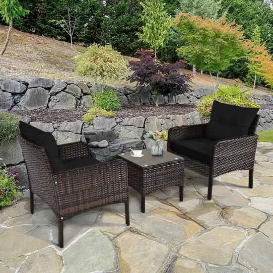 3 Pieces Outdoor Patio Rattan Conversation Set with Seat Cushions Black {6}