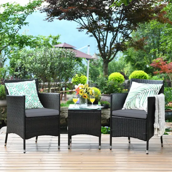 3 Pieces Patio Wicker Rattan Furniture Set with Steel Frame and Polyester Cushions Grey {2}
