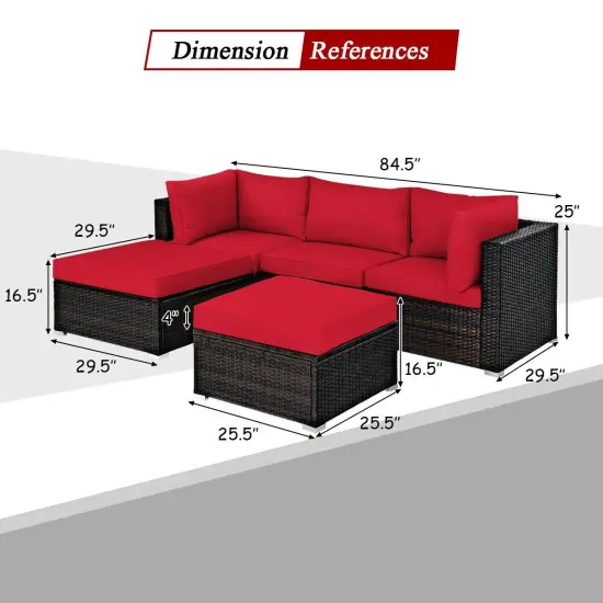 5 Pieces Patio Sectional Rattan Furniture Set with Ottoman Table Red {5}