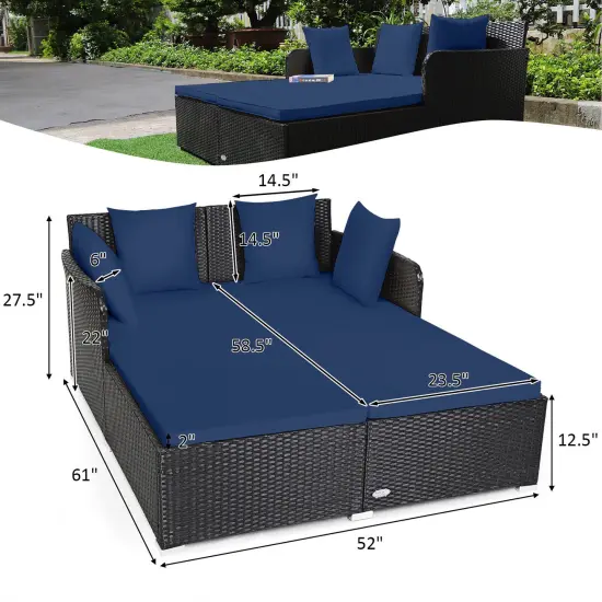 Spacious Outdoor Rattan Daybed With Upholstered Cushions And Pillows Navy {5}