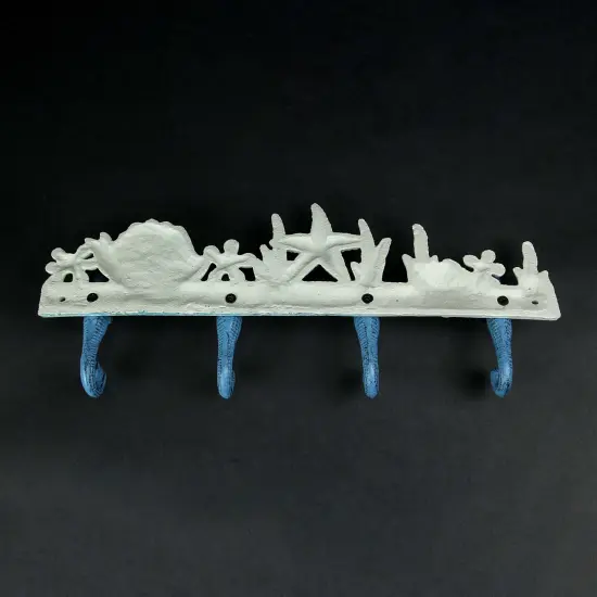 Cast Iron Coastal Blue and White Seahorse Sea Life Decorative Wall Hook Rack {7}