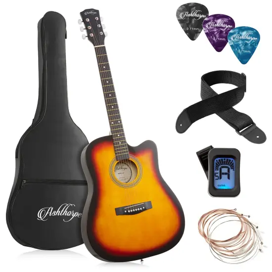 Ashthorpe 41-inch Beginner Cutaway Acoustic Guitar Package, Full Size Basic Starter Kit w/ Gig Bag, Strings, Strap, Tuner, Picks Sunburst {1}