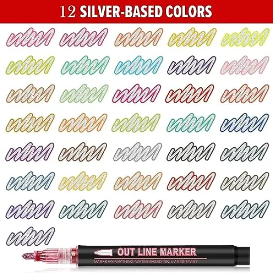 12 Pieces Metallic Double Line Outline Markers Glitter Pen Set for Rock Painting, Glass, Mug, Wood, Fabric, Canvas, DIY Craft with Fine Medium Tip {6}