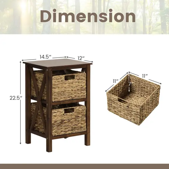 Costway 1/2 PCS 2-Tier Nightstand with 2 Seagrass Baskets Rubber Wood X-Shaped Frames 2 Drawers {3}