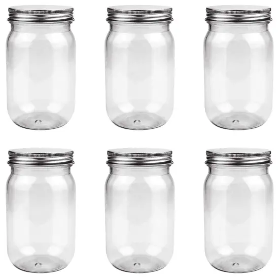 6 Pieces 16 Ounce Clear Plastic Mason Jars Containers With Screw Sealing Metal Tinplate Lids,Refillable Empty PET Plastic Slime Candy Storage Jars Containers for Home Kitchen Art Craft {2}