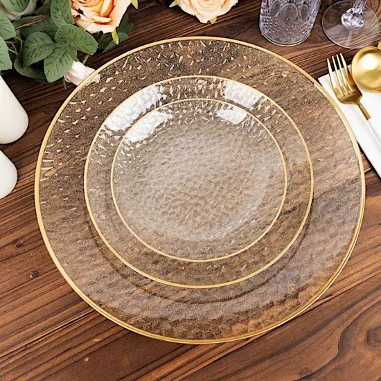10 PCS Clear Round Hammered Disposable Salad Dinner PLASTIC PLATES Gold Trim Party {6}