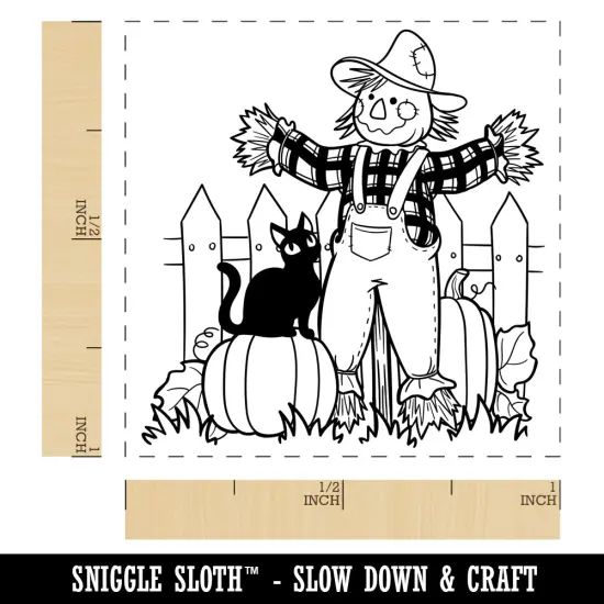 Scarecrow with Black Cat Harvest Pumpkins Self-Inking Rubber Stamp Ink Stamper Blue {1}