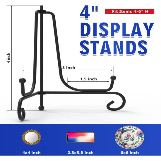 Lzerking Iron Display Stand 5 Packs, 4 Inches Plate Stand Picture Stand Photo Stand for Display, Black Foldable Easel Stand Holder for Photo Frame, Artwork, Collection, Decorative Plate, Book, Office {2}