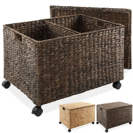 Casafield Rolling Storage Basket Cart with Lid and Locking Wheels - Handwoven Water Hyacinth Divided Recycling Sorting Bin for Kitchen, Laundry Room, Garage {7}