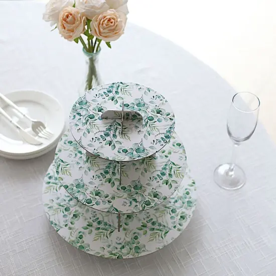 11-Inch 3 Tier Floral Print Cupcake Stand Set for Wedding Decor Green {2}