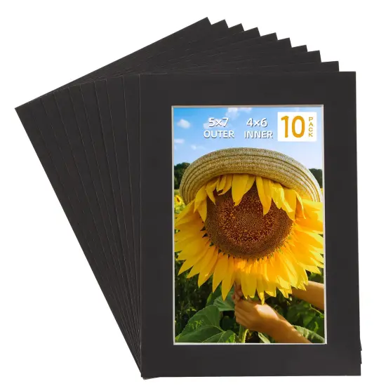HOTUO 10 Pack Acid Free Black Picture Frame Mats, Pre-Cut 5x7 Picture Mats with Ivory Core Bevel Cut for 4x6 Photo, Signature Friendly 4 Ply Thickness Photo Mat for Frames/Artwork/Prints/Pictures {1}
