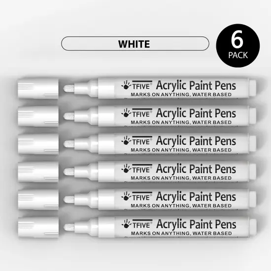6 Pieces White Acrylic Paint Marker Pens - 2-3mm Medium Tip,Permanent White Water Based Paint Pen for DIY Projects, Paintings for Rock, Fabric, Wood, Leather, Metal, Ceramics, Paper, Glass, Plastic {2}