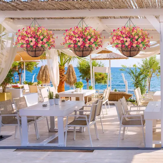 Everlasting Spring Charm: Artificial Hanging Flowers with Coconut-Lined Basket Pink {2}