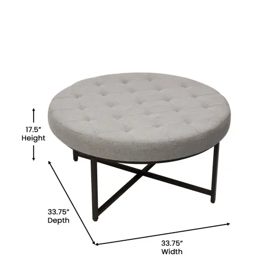 Merrick Lane Almas 34-Inch Round Tufted Cotton Linen Ottoman with Durable Metal Frame Gray {4}