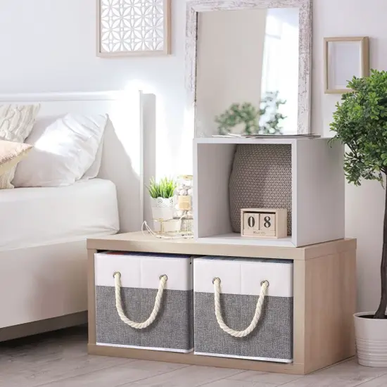 Foldable Storage Basket 1-Pack, Large Fabric Storage Bins with Rope Handle, Used for Organizing Shelves, Closets, Clothes Storage Box, 12.99''Lx9.05''Wx7.87''H, White/Grey {5}