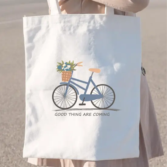 1 Pack Aesthetic Flowers Cotton Canvas Tote Bag Blue Bouquet Bicycle Cloth Tote Bag Cute Cotton Tote Bag Art Canvas Tote Bag Reusable Shopping Bag for Gift {5}