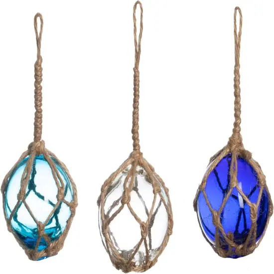 Japanese Glass Fishing Floats Ball - 3" Aqua Cobalt and White (3 Pack) - Glass Buoys With Rope {2}