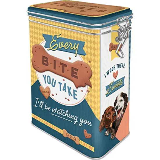 Retro tin box, 44 oz, Every Bite You Take Dog Treats &ndash; Gift idea for dog owners, metal clip top can for treats, vintage design {2}