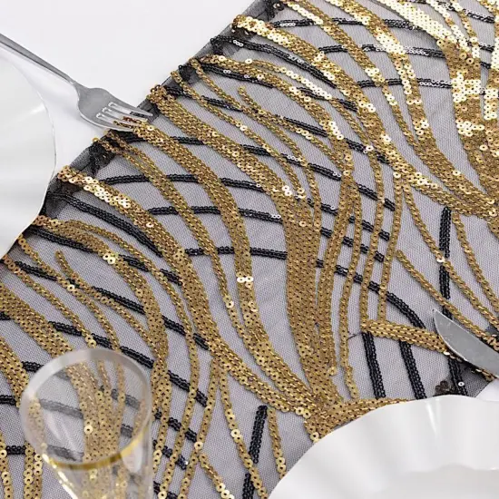 12x108 in Mesh Wavy Embroidered Sequins Table Runner White black {3}