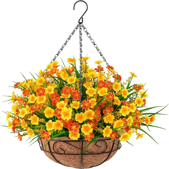 Everlasting Spring Charm: Artificial Hanging Flowers with Coconut-Lined Basket Orange {1}