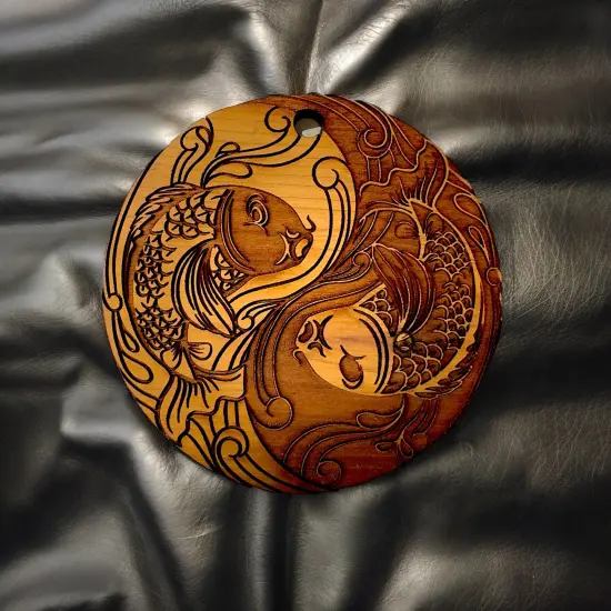 Yin Yang Koi Fish - Raw Cedar Ornament 3x3in {5}