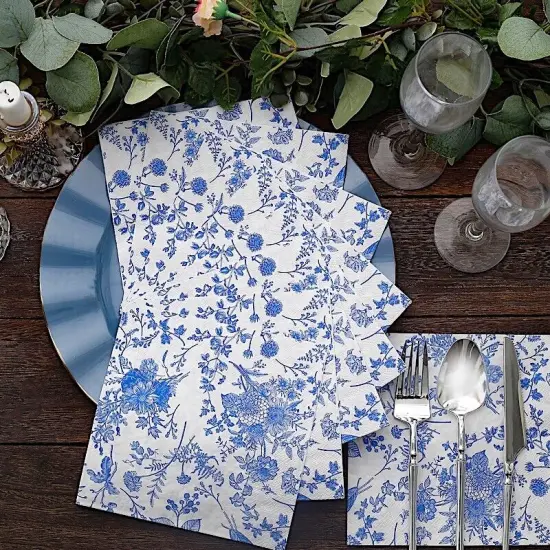 20 White 13x13 in Dinner Paper NAPKINS Blue Floral Design {3}