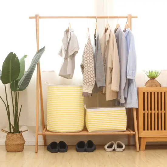 Sea Team Collapsible Canvas Fabric Storage Basket with Handles, Rectangle Waterproof Storage Bin, Box, Cube, Foldable Shelf Basket, Closet Organizer, 16.5 x 11.8 x 9.8 Inches, Yellow Stripe {4}