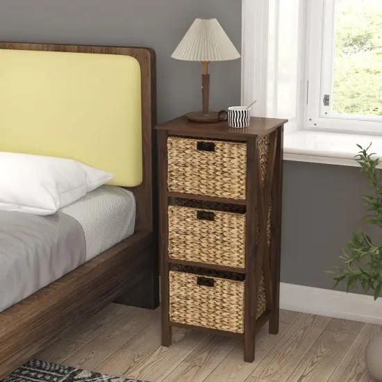 Costway 1/2 PCS 3-Tier Nightstand with 3 Seagrass Baskets Rubber Wood X-Shaped Frames 3 Drawers {6}