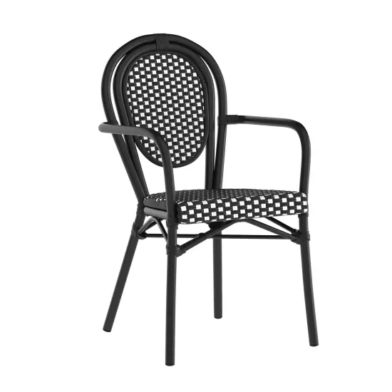 Merrick Lane Celia Stacking Thonet Bistro Style Chair with Arms, PE Rattan Seat, and Metal Frame for Indoor/Outdoor Use Black&White/BlackFrm {2}