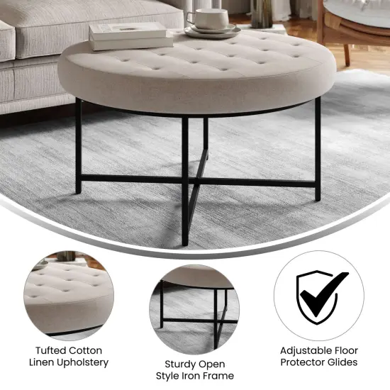 Merrick Lane Almas 34-Inch Round Tufted Cotton Linen Ottoman with Durable Metal Frame Gray {2}