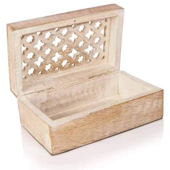 Decorative Storage Box with Hinged Lid - Whitewash, Medium | 7.5&rdquo; x 4.5&rdquo; x 3&rdquo; | Rustic Trellis Design | Mango Wood Crafted | Ideal for Keepsakes, Trinkets, Jewelry and Other Stash {2}