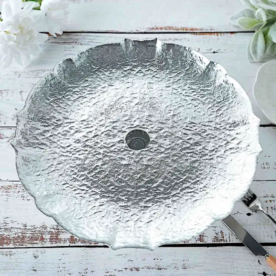 14" Round Glass Cake Stand Scalloped Edge Silver {5}