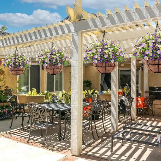 Everlasting Spring Charm: Artificial Hanging Flowers with Coconut-Lined Basket Purple {4}