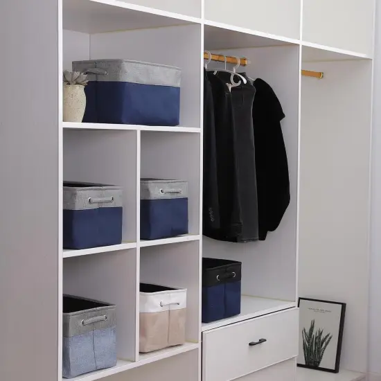 3 Pieces Collapsible Storage Bin Foldable Canvas Fabric Open Storage Basket Cube Box, Sturdy Organizer With Handles for Home, Office, Nursery, Closet Shelves（gray and navy {3}