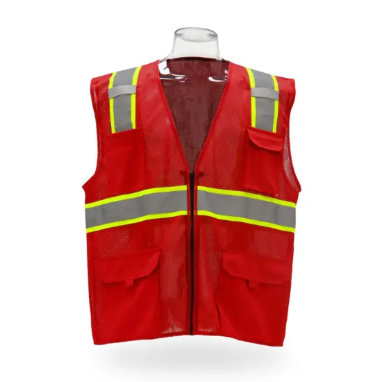 Multi Pocket High Visibility Reflective Safety Vest with Zipper Front 100% Polyester Red {1}