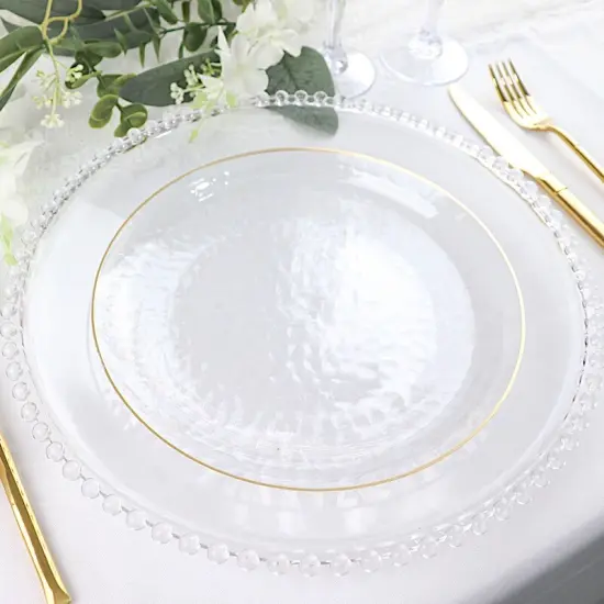 10 PCS Clear Round Hammered Disposable Salad Dinner PLASTIC PLATES Gold Trim Party {5}