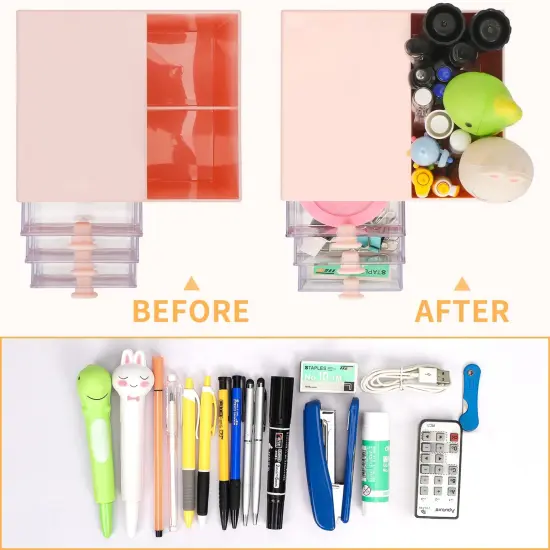 Desk Pencil Pen Holder, Office Desk Organizers Desktop Storage Pen Organizers with 3 Independent Drawers Stationery Supplies for Office,School,Home,Pink {6}