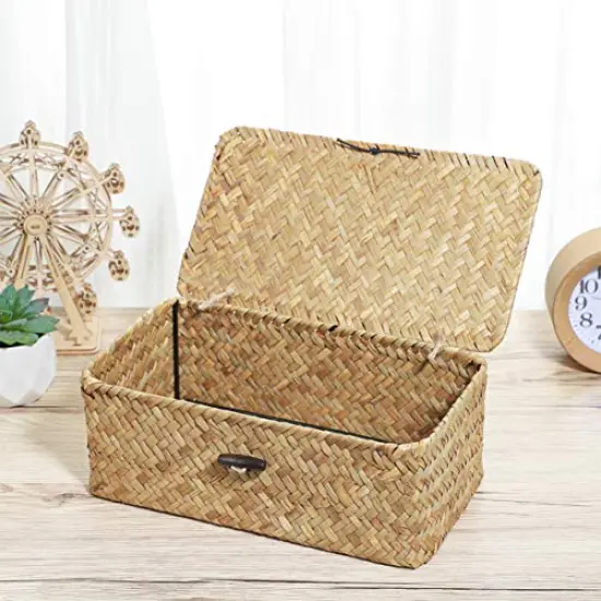 1 Basket with Lids: Seagrass Storage Woven Basket Straw Desktop Rattan 9 inch Hand- Woven Storage Basket Bins Container Organizer for Shelf Desktop Home Decor {6}