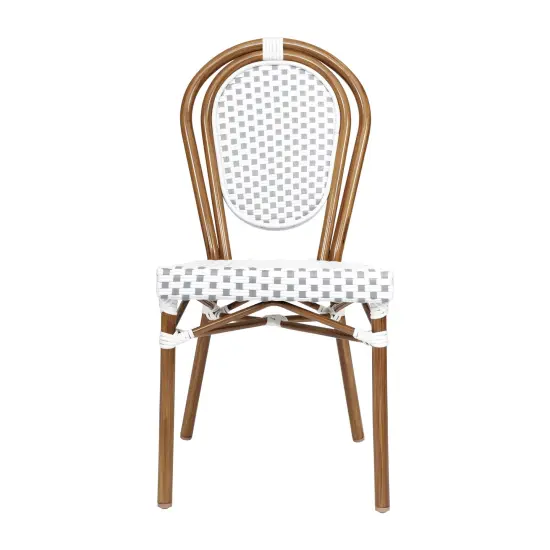 Merrick Lane Celia Stacking Thonet Bistro Style Chair, PE Rattan Seat, and Metal Frame for Indoor/Outdoor Use White&Gray/Natural {6}
